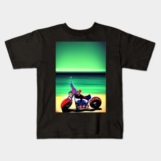 SURREAL RETRO MOTORCYCLE ON THE BEACH Kids T-Shirt